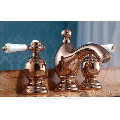 Rose gold solid brass bathroom sink faucet Art design High quality basin mixer faucet tap Double handle Three holes faucet-B