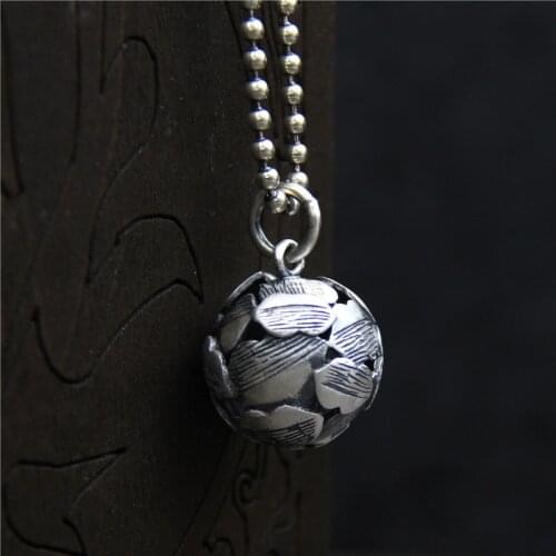 C&R Real 990 Sterling Silver pendant Necklace Hollow Ball football Pendant Retro Thai Silver handmade unisex Fine Jewelry