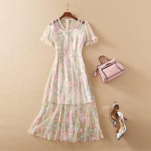 European and American womens clothing 2021 The new spring Short sleeve horn sleeve V neck Fashionable gauze sequined dress