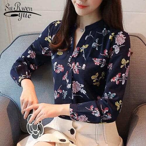 2020 hot sale long sleeve women blouse shirts button print female clothing v neck chiffon office lady women tops shirt Z0001 40