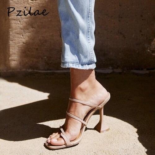 Pzilae new fashion vintage square toe slippers women strange high heels sandals concise narrow band ladies shoes flip flops
