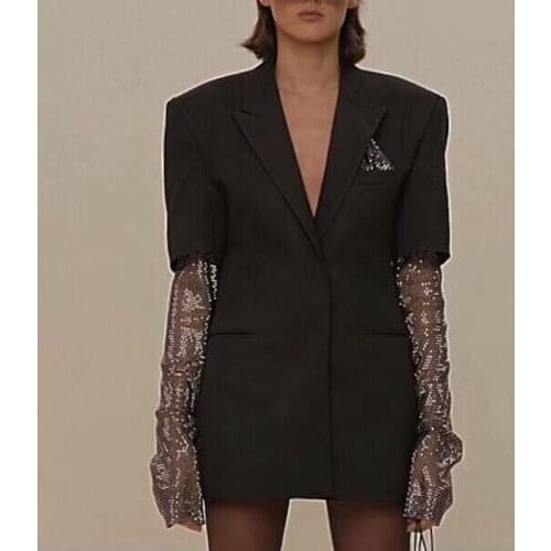 Elegant Coat Summer Solid Blazer For Women Long Sleeve Diamond Patchwork Long Female Fashion Clothing New