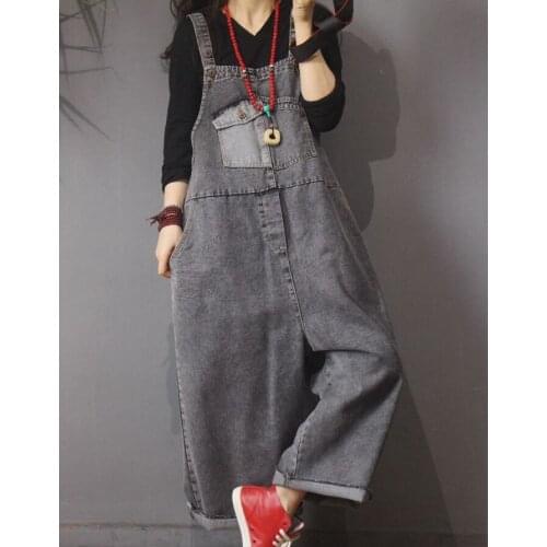 Spring Jumpsuits Women Retro Large size Rompers New Ladies pocket Solid color Solid color Loose Denim Jumpsuits 2019