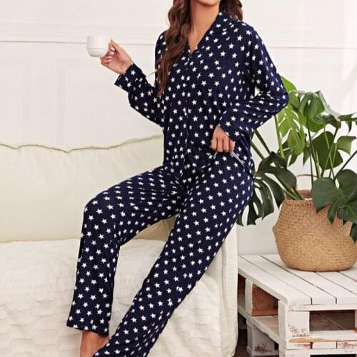 Euro-America Womens Suit Star Printlapel Cardigan Long Sleeve Lace Up Trousers Pajamas Set Female Home Clothes Casual Sleepwear