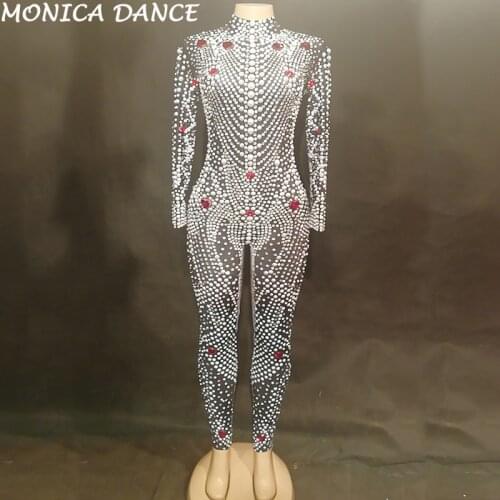 Women Sexy Stage Black Fashion Jumpsuit Pearls Sparkling Crystals Bodysuit Nightclub Birthday Stage Female Singer Dance Jumpsuit