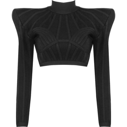 2021 New Womens Personality Fashion Jacquard Stripe Stitching Design Black Long Sleeve Celebrity Party Club Bandage Crop Top