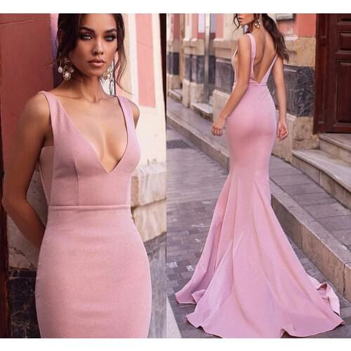 Sexy V-Neck Long Stretchy Satin Mermaid Evening Dresses Floor Length Zipper Back Pink Formal Party Gowns for Women