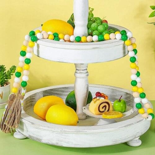 2 Pieces Lemon Wood Bead Garlands with Tassels Farmhouse Rustic Country Boho Bead Garlands for Tiered Tray Decor
