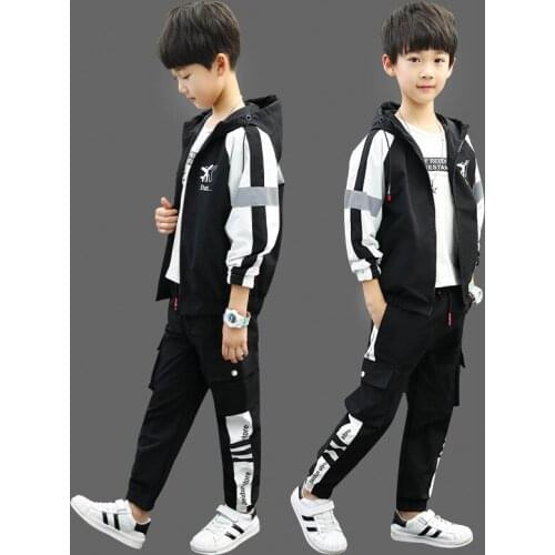 2019 Spring Autumn Casual Boys Street Wear 2 Piece Sets Color Splicing Hooded Jackets+Trousers Children Kids Outfits 5-15T