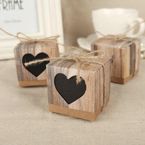 30 Sets Wedding Bonbonniere Hearts in Love Rustic Kraft Bark Candy Boxes with Burlap Chic Vintage Twine Wedding Favor Gift Box