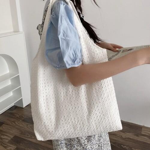 Hollow Out Plaid Women Shoulder Bag Soft Cloth Fabric Handbag Large Capacity Cotton Tote Mesh Canvas Bags For Pretty Young Girls