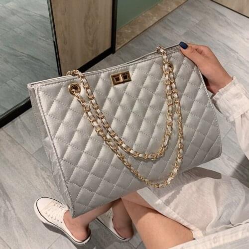 Big Silver Shoulder Handbags for Women Chain Leather Tote Bag Large Crossbody Messenger Bag Lady Diamond Lattice Shopper Bag Sac