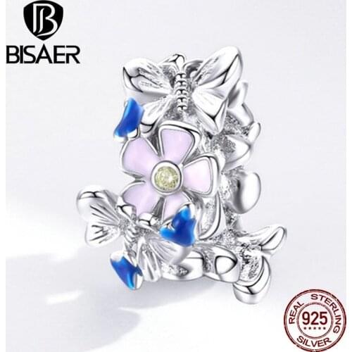 BISAER Blooming Flowers Beads 925 Sterling Silver Colorful Enamel Charms Fit DIY Bracelet Necklace Pendanr Jewelry 2020 EFC288