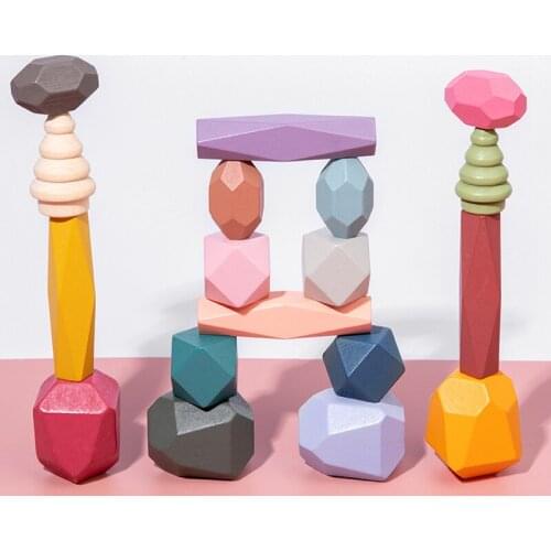 Colorful Wooden Stones Montessori Building Blocks Toy Creative Stacking Rainbow Game Jenga Set Balancing Educational Wood Gifts