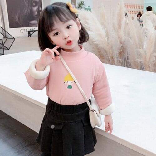 DFXD Children Shirts New Winter Cartoon Girl Print Long Sleeve Fleece T-shirt Turtleneck Warm Kids Tops Tees Plus Velvet 1-7Yrs
