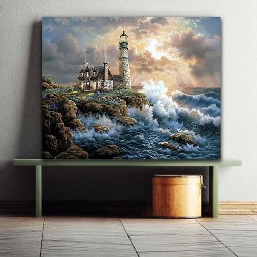 DIY colorings pictures by numbers with colors Seaside lighthouse night view picture drawing painting by numbers framed Home