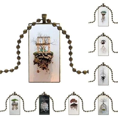 For Child Glass Cabochon Choker Pendant Rectangle Necklace Bronze Color Jewelry Art Tree Earth Sculptures Purple Red Flower