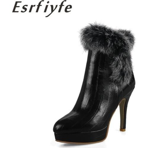 ESRFIYFE New Zip Women Ankle Boots Winter Thin High Heels Pointed Toe Short Boots Sexy Solid Short Plush Warm Womens Footwear