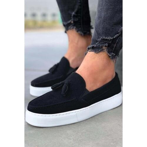 Knack Casual Male Sports Classic Shoes Black Color Suede (White Bottom) summer Spring Season Flexible Building Trend Loafer Shoes 717