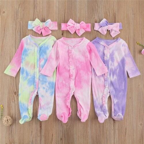 2020 Newborn 0-9M Baby Girl Tie dye Jumpsuit Headband 2pcs Autumn Lovely Ruffle Button Fly Long Sleeve Romper Ribbed Sleepwear