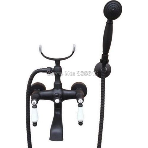 Black Oil Rubbed Brass Wall Mounted Dual Ceramic Handles Bathroom Tub Mixer Tap W/ Telephone Style Handheld Shower Faucet Wtf616
