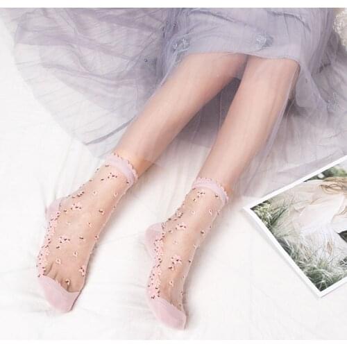 1 Pair Breathable Ultra Thin Socks Summer Women Transparent Lace Silk Crystal Rose Flower Girls Female Elastic Short Socks