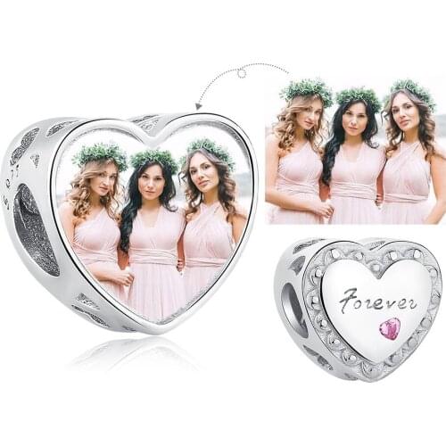 Personalized Custom Photo 925 Sterling Silver Pink Crystal Forever Heart Charm Bead Fit Original Bracelet For Woman DIY Jewelry