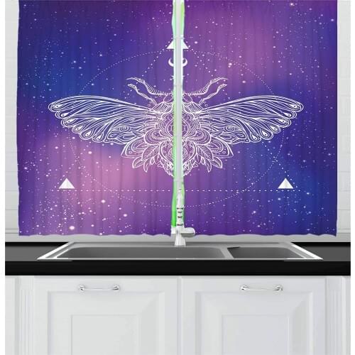 Multicolor Goth Kitchen Curtains Hand-Drawn Psychedelic Moth Motif Circulated Around Geometric Galaxy Theme for Kitchen Cafe