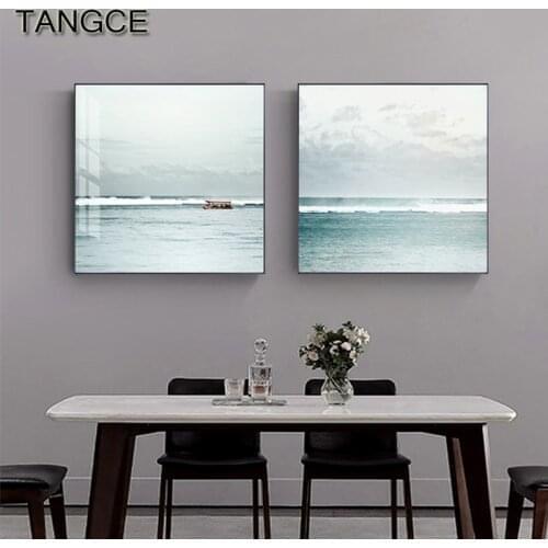 Nordic Light Blue Canvas Poster White Cloud Above Sea Painting Prints Wall Art Pictures for Living Room Abstract Entrance Decor