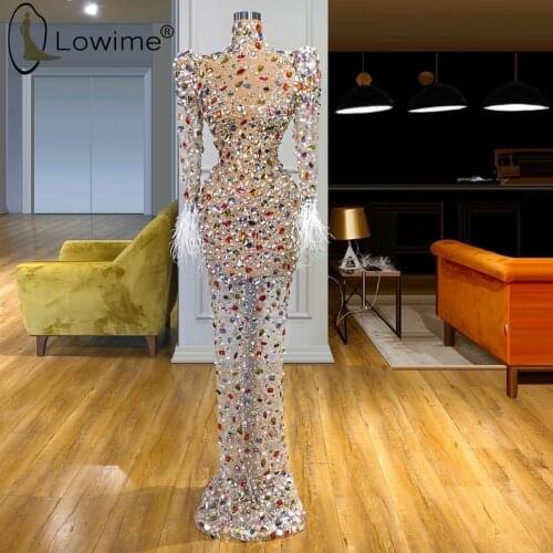 Formal High Neck Long Sleeve Evening Dresses 2020 Mermaid Pearls Beaded Feathers Floor Length Prom Party Dresses Robes De Soiree
