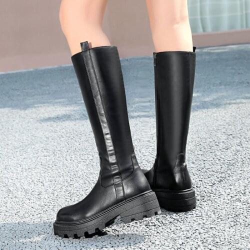 Flat With Knee High Boots Faxu Leather Platform Low Heel Long Boots Autumn Winter Zipper Fashion Women Boots Black Brown Gray