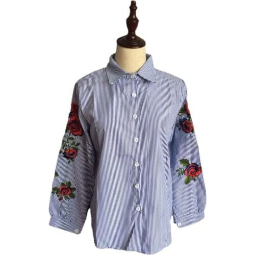 Korean style fashion lapel loose lantern sleeves shirt women elegant rose flowers embroidery striped shirt female