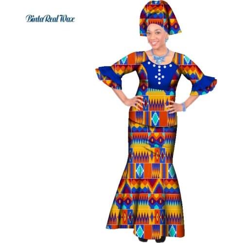 African Bazin Beads Tops and Skirt Sets for Women African Print Dashiki Traditional 2 Pieces Mermaid Skirt Sets Clothing WY045