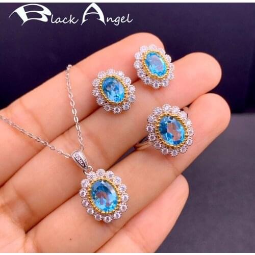BLACK ANGEL 2021 Gold Color Jewelry Set Luxury Blue Topaz Zircon Sunflower Ring Pendant Necklace Earrings For Women Wedding Gift