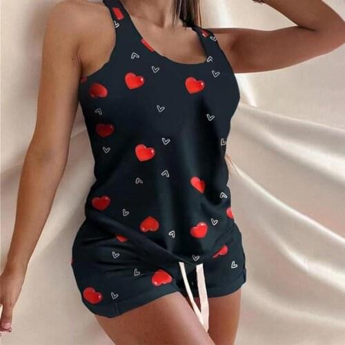Womens Suit Summer Heart Print Camisole Pajamas Set U Neck Sleevless Leisure Sleepwear Shorts Lingerie Set Home Suit 2 Pieces
