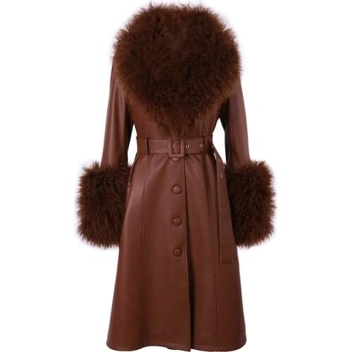 YOLOAgain Plus Size Coat Women Real Curly Fur Collar Genuine Leather Trench Windbreak