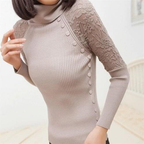 Autumn Winter Women Sweater Turtle Neck Button Lace Knitted Pullover Female Casual Knitwear Long Sleeve Sueter Pull Femme 8886