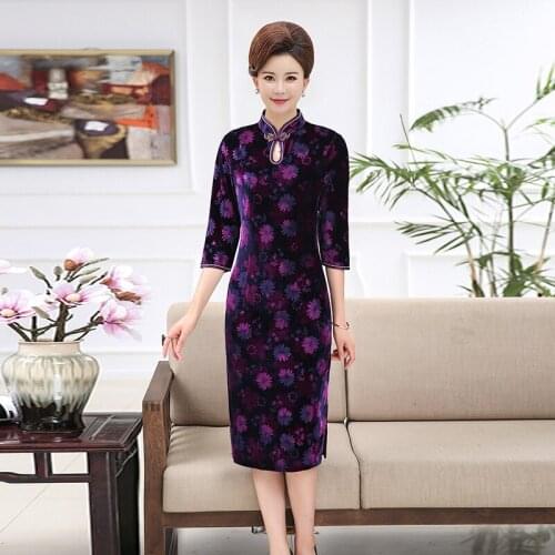 Middle-aged mother fitted gold velvet cheongsam improved self-cultivation cheongsam dress in the long section of the dress
