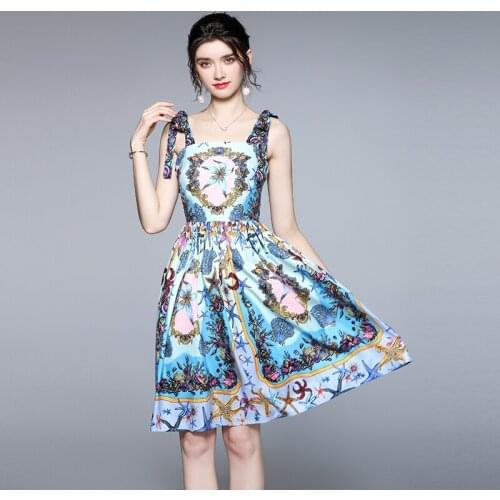Designer Womens Spaghetti Strap Bohemia Holiday Dress Temperament New 2021 Summer Runway Floral Print Pleats Short Dress