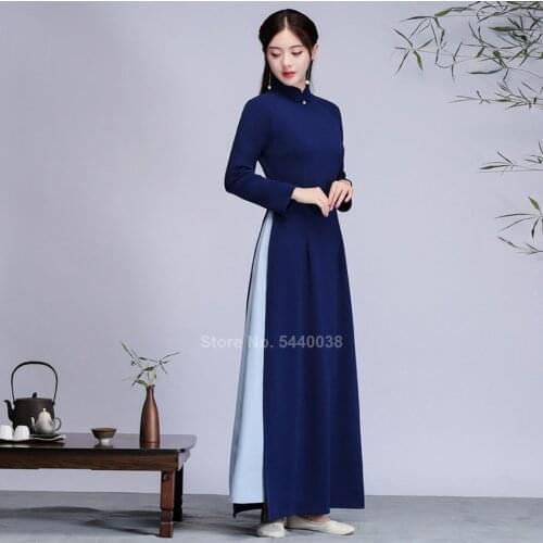 Oriental Vietnam Ao Dai Patchwork Tight Bodycon Women Cheongsam Qipao Dress Traditional Chinese Costumes New Year Wear