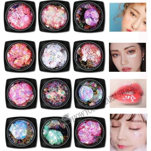 12pcs Face Glitter Gel Eye Glitter Nail HairArt Flash Heart Loose Sequins Cream Festival Glitter Decoration eye Shadow Makeup