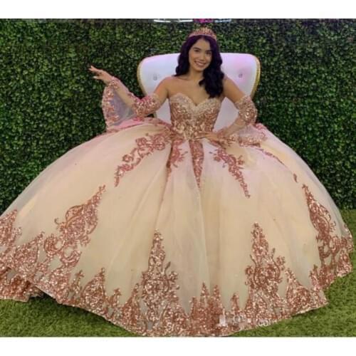 Sparkly Ball Gown Quinceanera Dresses with Dechable Sleeves Sweetheart Tulle Vintage Lace Applique Sweet 16 Dress Party Wear
