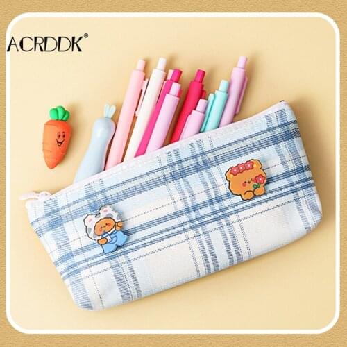 Zipper Pencil Case Pocket Canvas Check Pattern Handy Pen Holder Bag Large Capacity for Makeup Brush Stationery FC