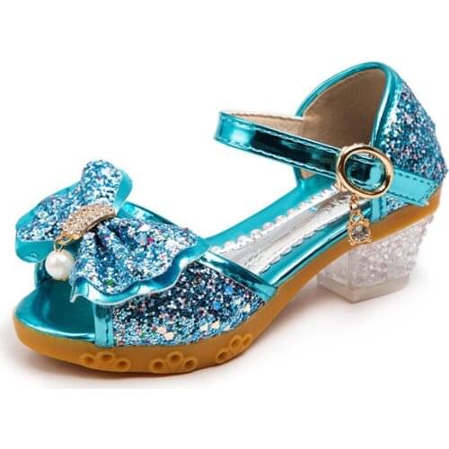 Childrens Shoes 2021 New Summer Casual Glitter Bowknot Spring High Heel Girls Shoes Fashion Princess Dance Party Sandals
