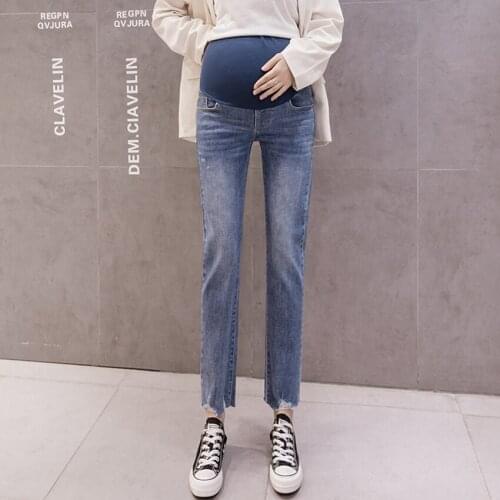 Pregnant womens cigarette tube jeans autumn and winter loose pregnant women jeans tide mothers ripped thin pants