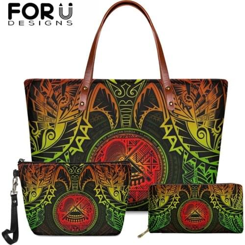 FORUDESIGNS Vintage Handbags Women Samoa Polynesian Tribe Design Elegant Ladies Shoulder Bag And Purse 3Pcs Set Casual Tote Sac