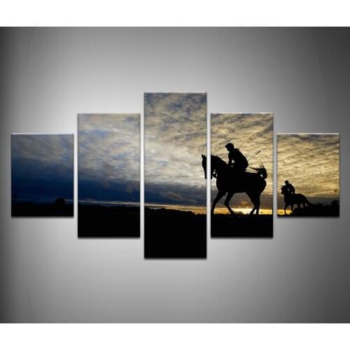 Masters Equestrian Silhouette Sunset Landscape HD Print Poster 5 Panel Oil Picture For Home Room Decor Wall Art Canvas Painting