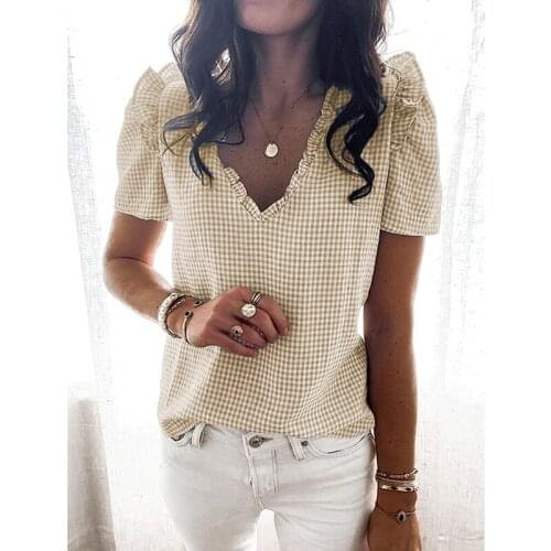 Graceful For Female Summer Fashion V-Neck Ruffled Plaid Short-Sleeved Top Shirt Bottoming Womens T-Shirts Clothing Top Women