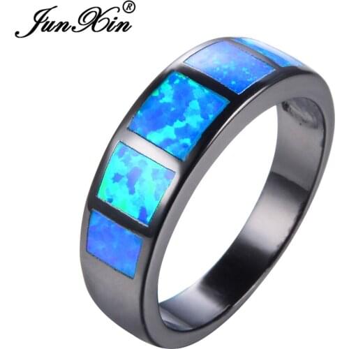 JUNXIN Male Female Blue Fire Opal Ring Vintage Wedding Engagement Rings For Men And Women Black Gold Filled Fashion Jewelry