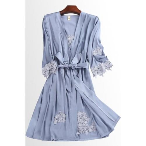 Charming Satin Robe Set 2PCS Mini V-Neck Waistband Kimono Gown Femme Summer Casual Thin Sleepwear Faux Silk Long Sleeve Bathrobe